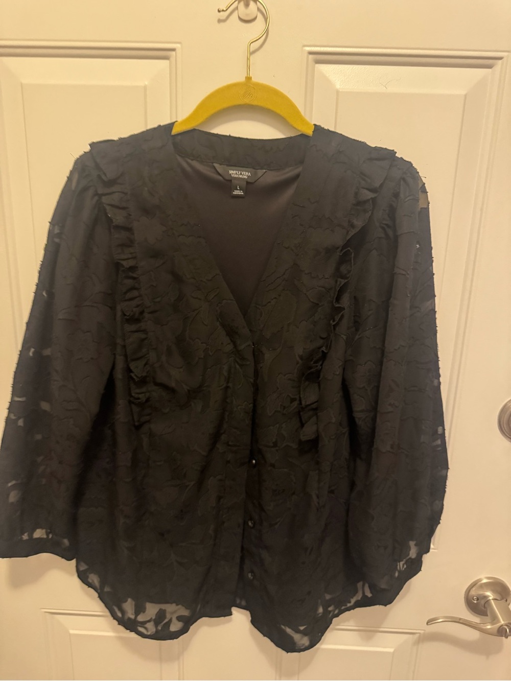 Vera Wang Black Floral Lace Ruffle V-Neck Blouse